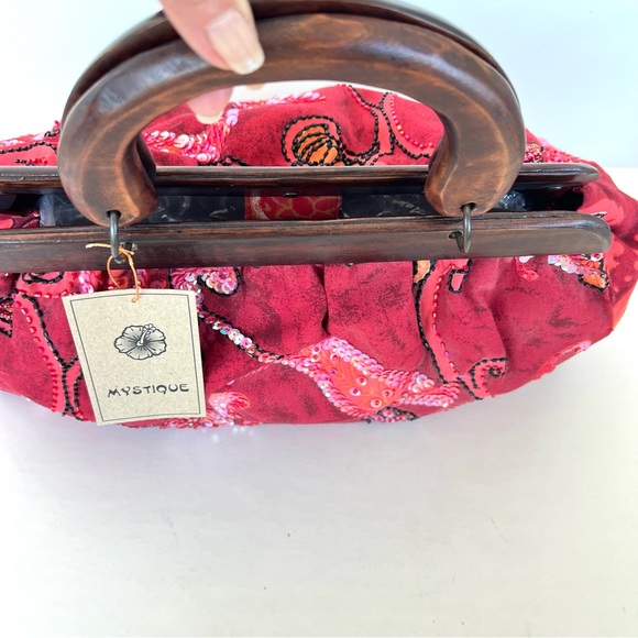 MYSTIQUE Burgundy Paisley Sequence Beaded Wood Handles Vintage Style Handbag NWT - Picture 9 of 14